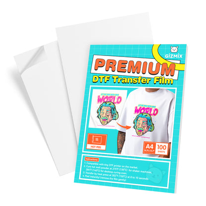 GIZMIX A4 & A3 DTF Transfer Film, 100 Sheets – Double-Sided PET Hot Peel Heat Transfer Paper, Suitable for Inkjet & DTF Printers, Vibrant Prints for T-Shirts & Fabrics