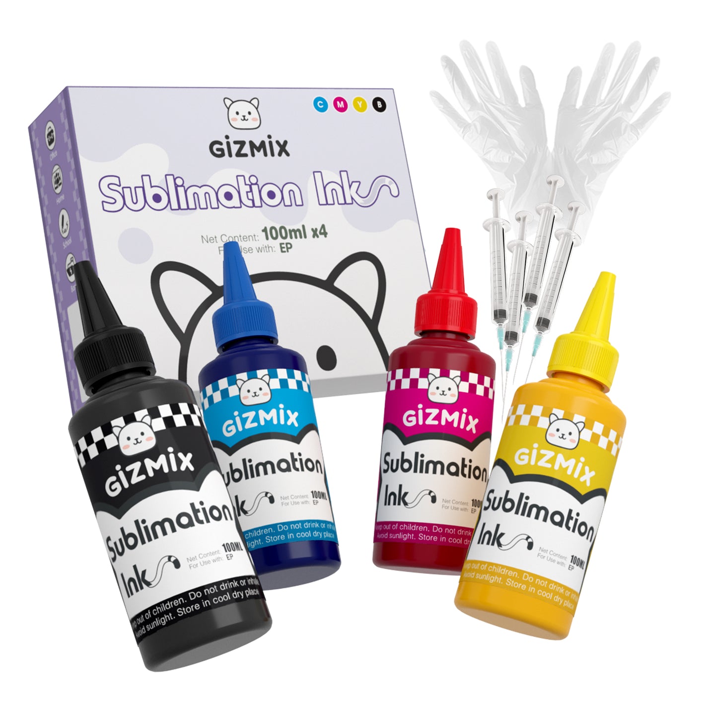 Recarga de tinta de sublimación GIZMIX de 400 ml: tinta CMYK brillante para camisetas, tazas y manualidades | Compatible con Epson EcoTank 