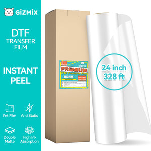 Rollo de película de transferencia DTF PET desprendible en caliente de 13 pulgadas, 17,7 pulgadas y 24 pulgadas x 328 pies 