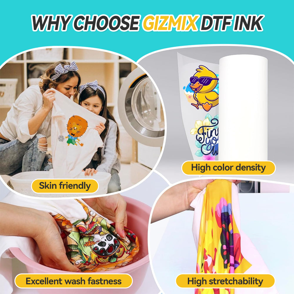 GIZMIX DTF Ink Set 1L – CMYK + White | High Color Density & Smooth