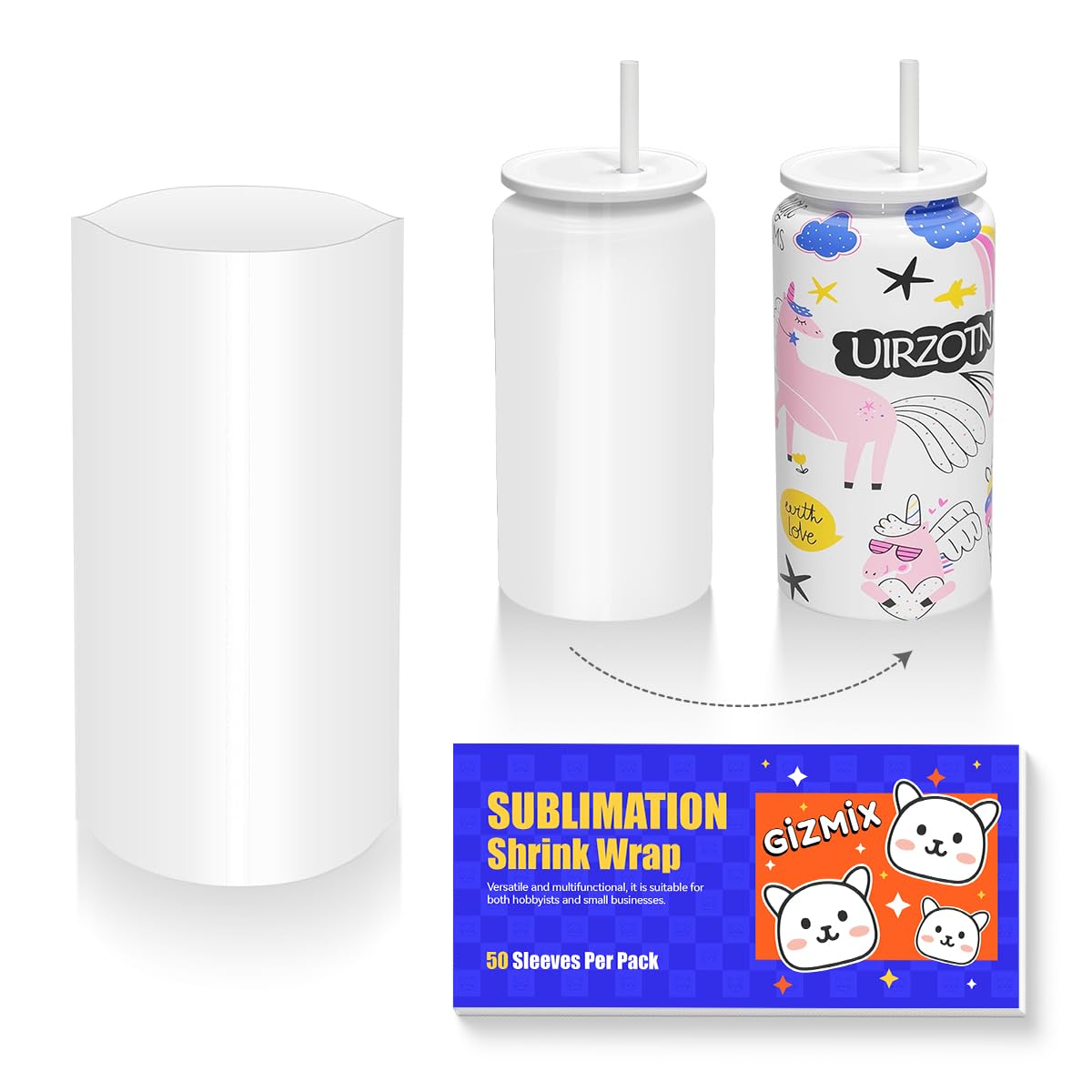 GIZMIX Premium Sublimation Shrink Wrap for Tumblers – Full Wrap Heat Shrink Sleeves for 1.5oz–50oz Bottles & Mugs, Anti-Bubble PET Film, 50-Pack