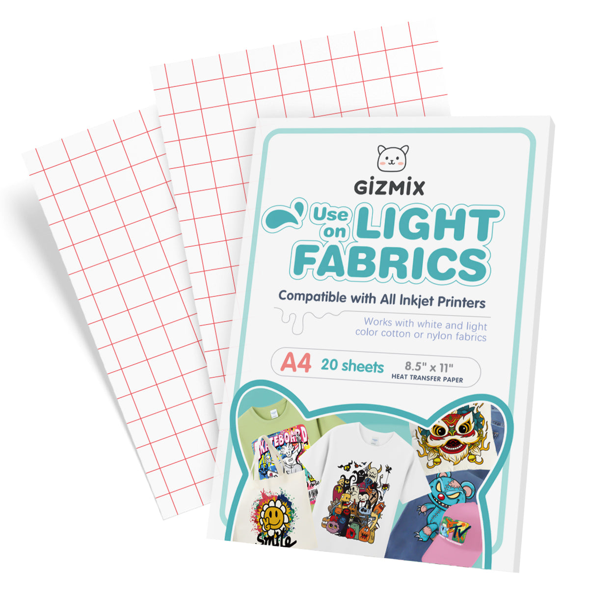 GIZMIX Inkjet Heat Transfer Paper for Light Fabrics – A4 Iron-On Printable Sheets