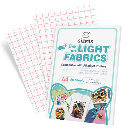 Papel de transferencia térmica para inyección de tinta GIZMIX para telas ligeras: hojas A4 imprimibles con plancha 