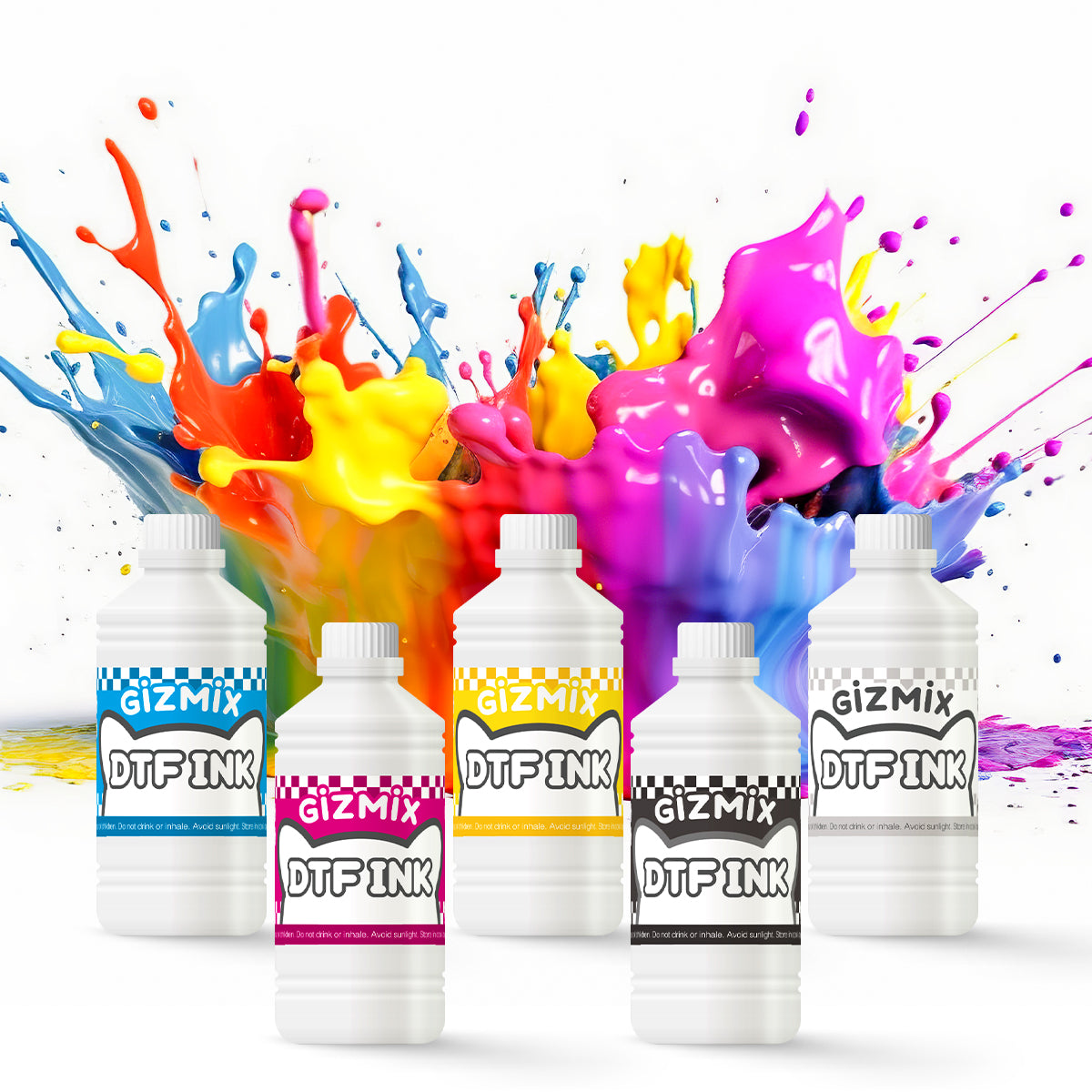 GIZMIX DTF Ink 1000ML Full Color Set (CMYK + White) – High Color Density, Smooth Fluidity, No Sediment, Durable & Wash-Fast for All DTF Printers