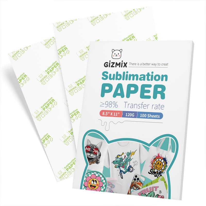 GIZMIX High Transfer Sublimation Paper 120G ≥98% Transfer Rate Quick Dry No Jam For Light Fabrics and Coated Hard Substrates Multiple Sizes 100 Sheets